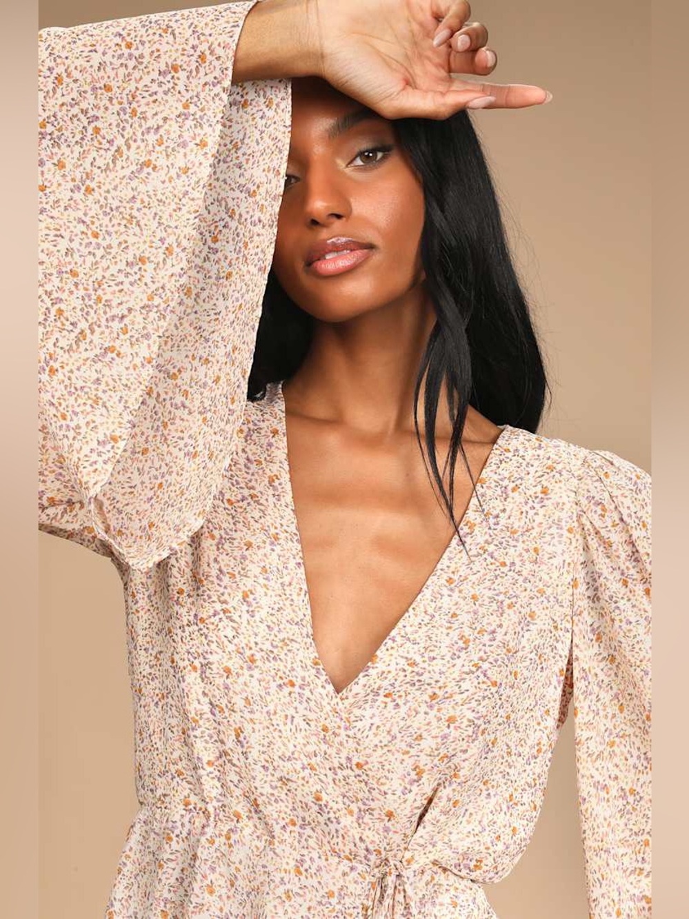 LULU’s Bell-Sleeve Floral V-Neck Peplum Wrap Blouse Shirt Top Cropped Medium - Picture 12 of 12